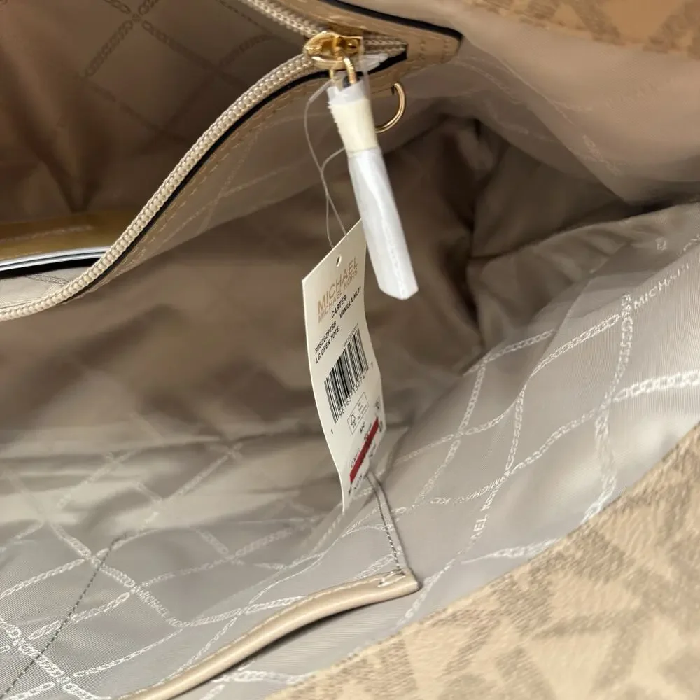Michael Kors Carter Signature Large Open Tote Bag Purse Vanilla and Tan Multi